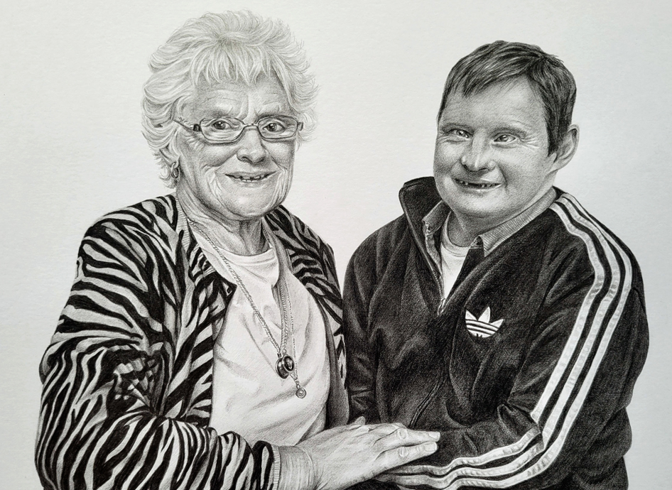 Pencil drawing of mother and son